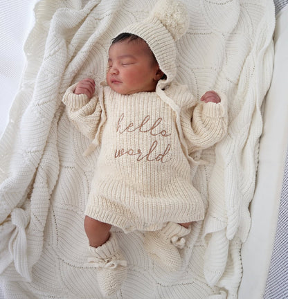 'Hello World' Chunky Knit Romper - Honey