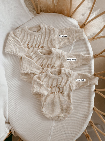 'Hello World' Chunky Knit Romper - Honey