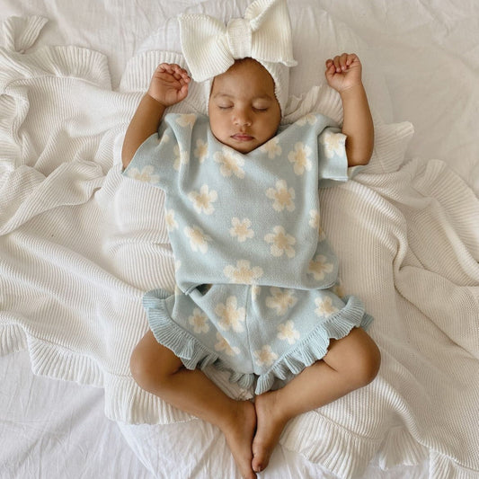 Blue Daisy Knit Set - Short Sleeve