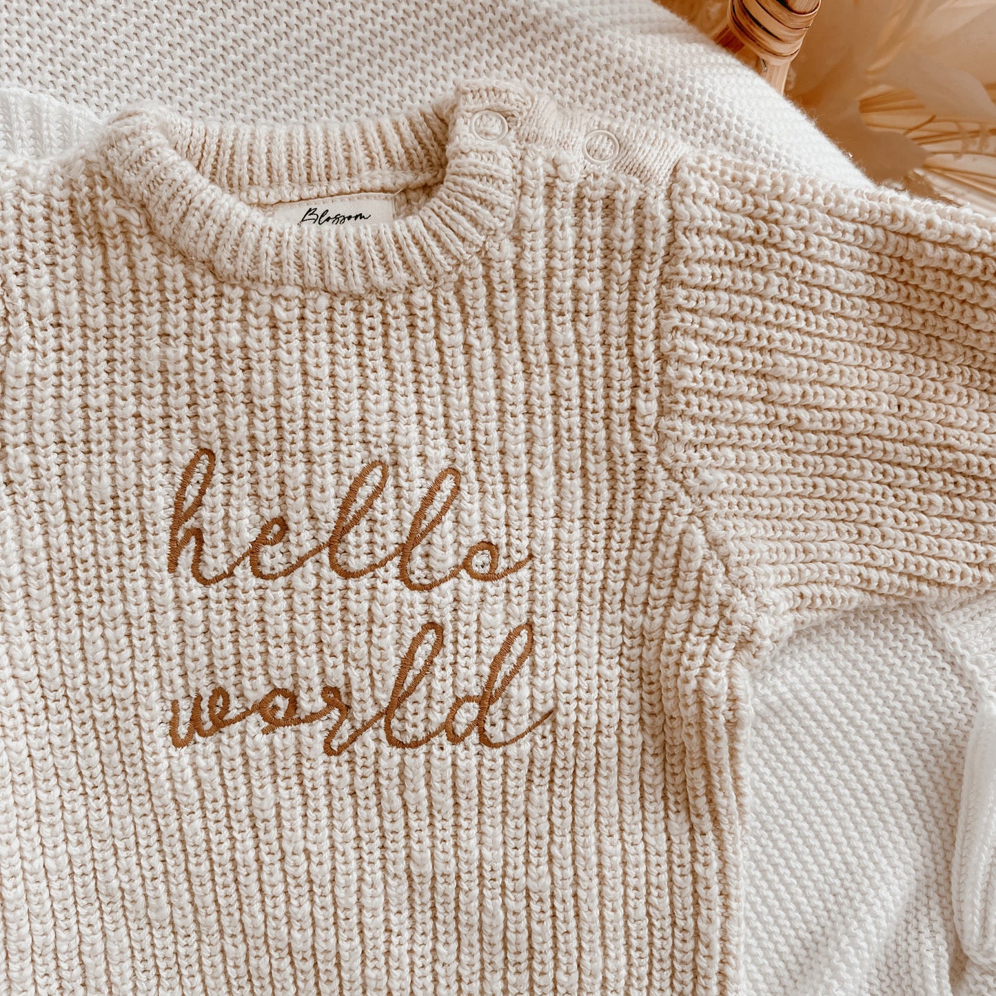 'Hello World' Chunky Knit Romper - Honey