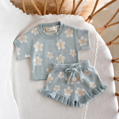 Blue Daisy Knit Set - Short Sleeve
